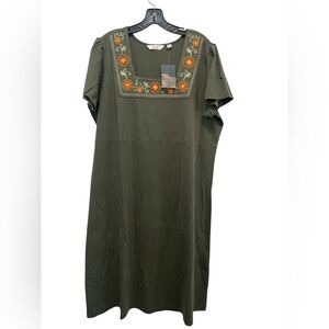 Denim & Company Women’s Plus Size 1X Green Embroidered Midi Dress Cotton NEW